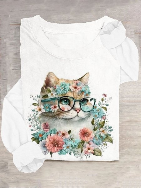 

Casual Floral Crew Neck Long Sleeve T-shirt, White, T-shirts