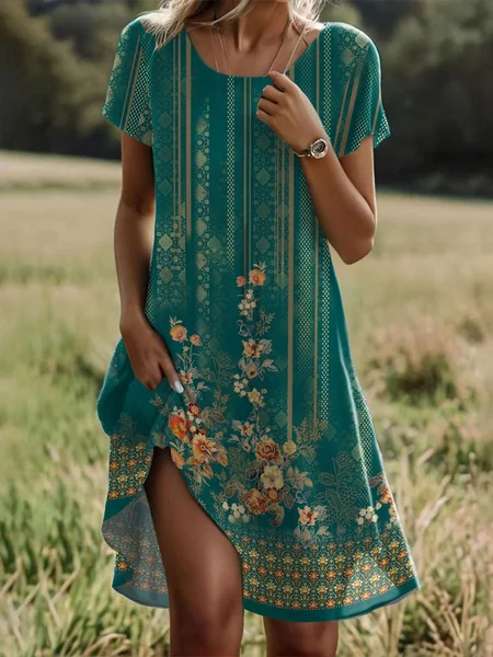 

Women's Short Sleeve Summer Green Floral Crew Neck Daily Going Out Casual Midi H-Line T-Shirt Dress Dress, Midi Dresses