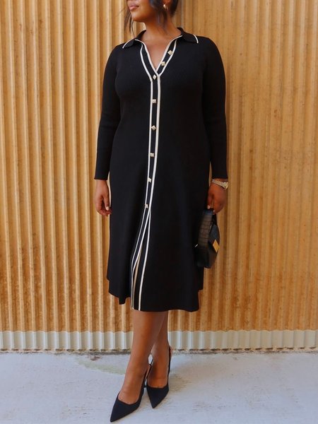 

Urban Regular Sleeve Color Block Loosen Sweater Dress, Black-white, Midi Dresses