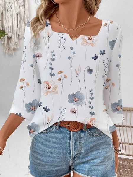 

Notched Three Quarter Sleeve Floral Regular Loose Blouse For Women, White, Blouses