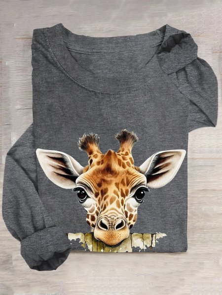 

Giraffe Casual Cotton-Blend Crew Neck T-Shirt, Deep gray, Long sleeves