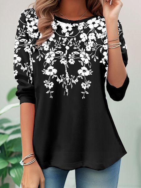 

Casual Floral Crew Neck Long Sleeve T-shirt, Black, Blouses