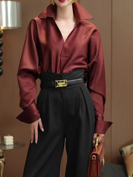 Loose Urban Plain Regular Sleeve Shirt Collar Long Sleeve Shirt, Wine red, Blouses and Shirts