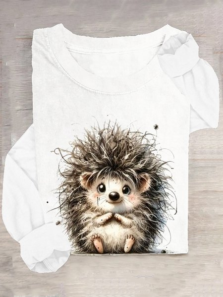 

Casual Cotton-Blend Animal T-Shirt, White, Long sleeves
