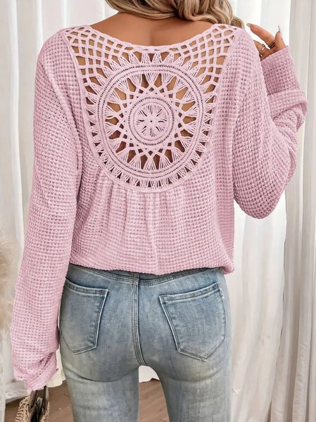 Casual Plain V Neck Long Sleeve T-shirt, Pink, T-shirts