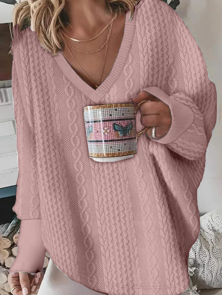 

Casual V Neck Plain Sweatshirt Jacquard, Dusty pink, Hoodies & Sweatshirts