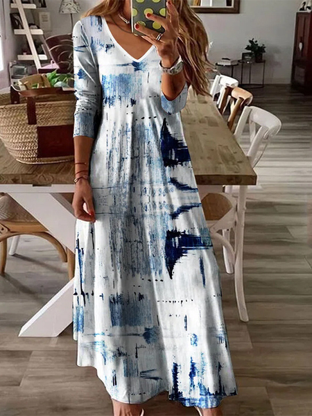 

Women Floral Print Long Sleeve Comfy Casual Buckle Maxi Dress, White, Dresses