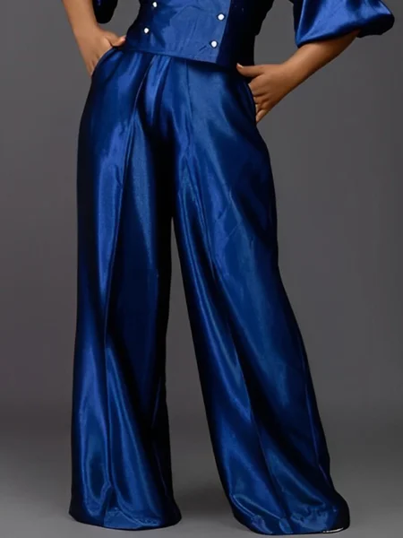 

Urban Plain Pocket Fashion Wide leg Pants, Blue, Pants