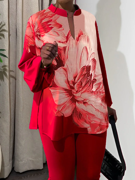 

Medium Elasticity Floral Casual Stand Collar Long Sleeve Regular Sleeve Loose Blouse, Red, Blouses and Shirts