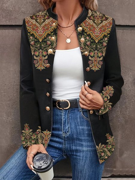 

Women's Ethnic Buckle Regular Loose Jacket, Black, Blazers