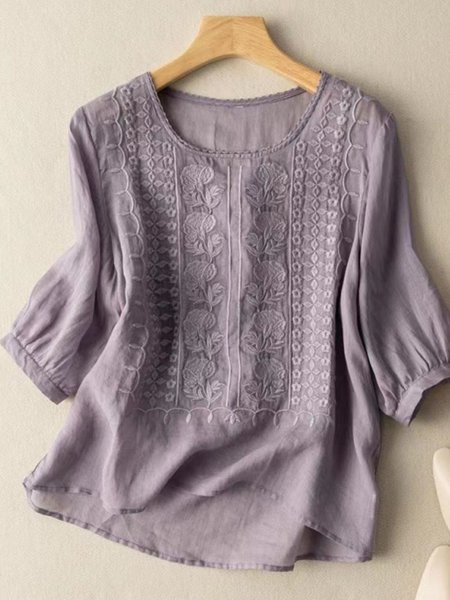 

Embroidery Casual Shirt Collar Loose Blouse, Purple, Blouses & Shirts