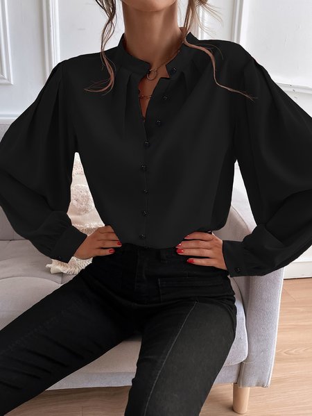 

V Neck Long Sleeve Plain Lace Regular Regular Fit Blouse For Women, Black, Blouses