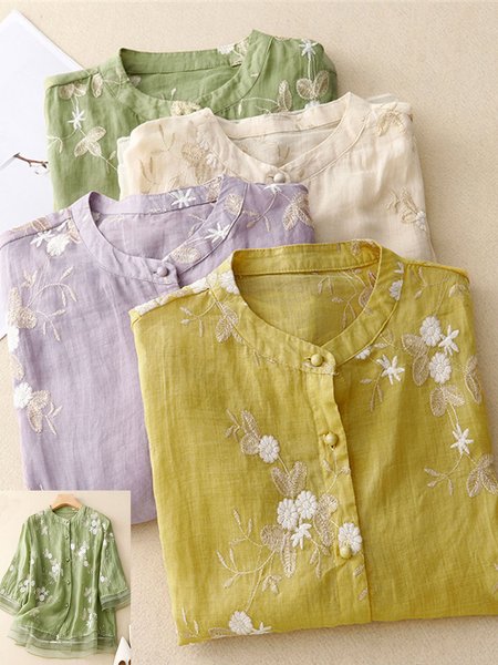 

Shirt Collar Short Sleeve Plain Embroidery Regular Loose Shirt For Women, Green, Blouses
