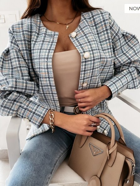 Women's Plaid Zipper Regular Loose Jacket, Light blue, Outerwear