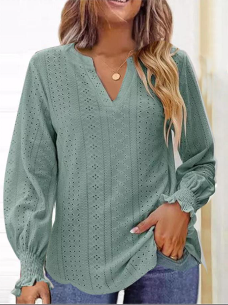 

V Neck Long Sleeve Plain Lace Regular Regular Fit Blouse For Women, Green, Blouses