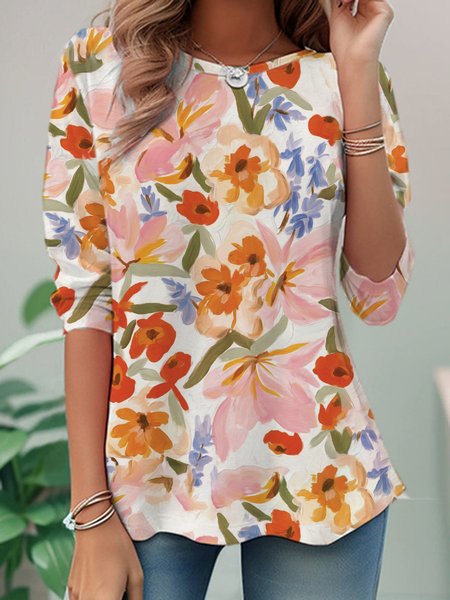 

Casual Floral Crew Neck Long Sleeve T-shirt, Multicolor, Blouses