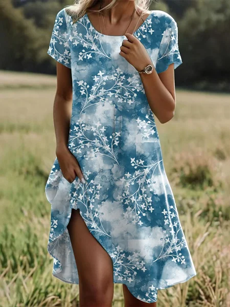 Women's Short Sleeve Summer Blue Floral Crew Neck Daily Going Out Casual Midi H Line T Shirt Dress Dress