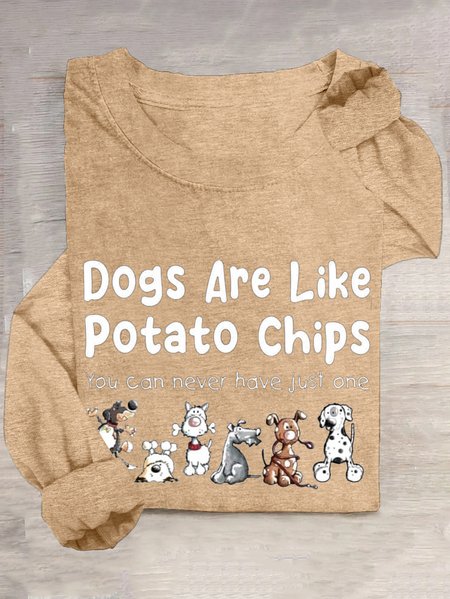 Cotton-Blend Dog Casual T-Shirt, Khaki, Long sleeves