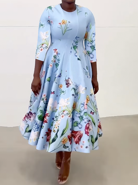 

Regular Fit Elegant Regular Sleeve Floral Crew Neck Three Quarter Sleeve Midi Dress, Blue, Midi Dresses