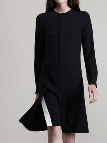 

Elegant Loose Regular Sleeve Crew Neck Dress, Black, Midi Dresses