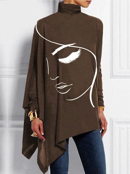 

Turtleneck Long Sleeve Face Lace Regular Regular Fit Blouse For Women, Deep brown, Blouses