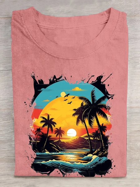 

Casual Scenery Crew Neck Short Sleeve T-shirt, Pink, T-shirts
