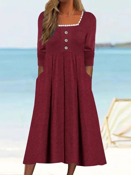 

Buckle Casual Regular Fit Square Neck Dress With No, Wine red, Maxi Dresses
