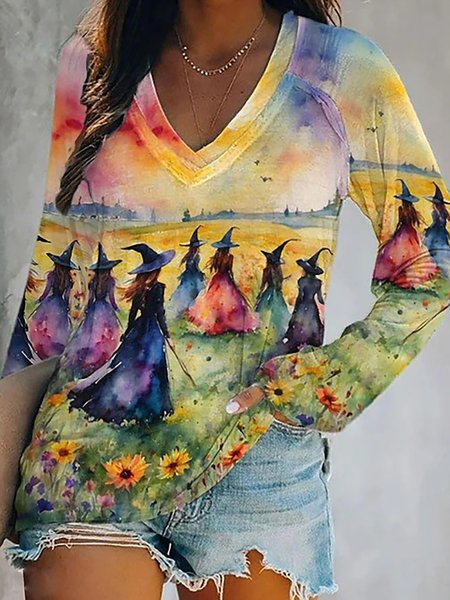 

Casual Halloween V Neck Long Sleeve T-shirt, Multicolor, T-shirts
