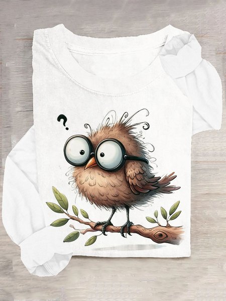Casual Bird Crew Neck Long Sleeve T-shirt, White, T-shirts