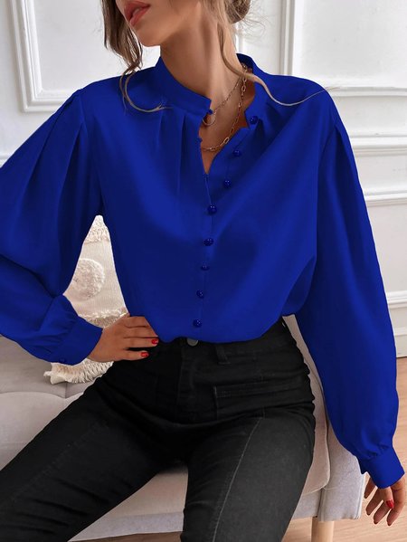 

V Neck Long Sleeve Plain Lace Regular Regular Fit Blouse For Women, Blue, Blouses