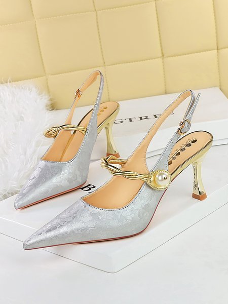 

Elegant Faux Pearl Floral Satin Mary Jane Pumps, Silver, Heels