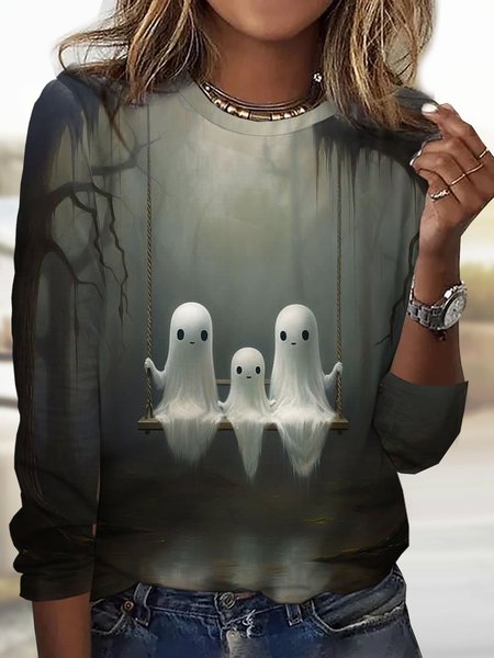 

Casual Halloween Crew Neck Long Sleeve T-shirt, Deep gray, T-shirts