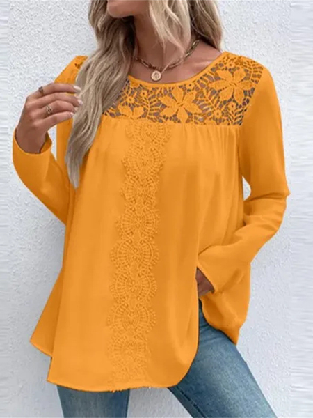 

Crew Neck Long Sleeve Plain Lace Regular Regular Fit Blouse For Women, Orange, Blouses