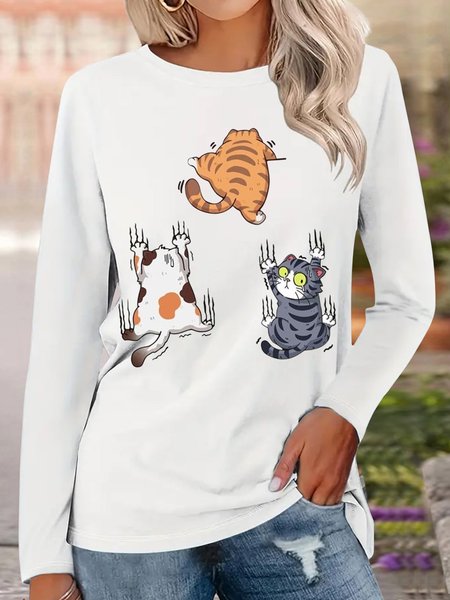 

Casual Animal Crew Neck Long Sleeve T-shirt, White, T-shirts