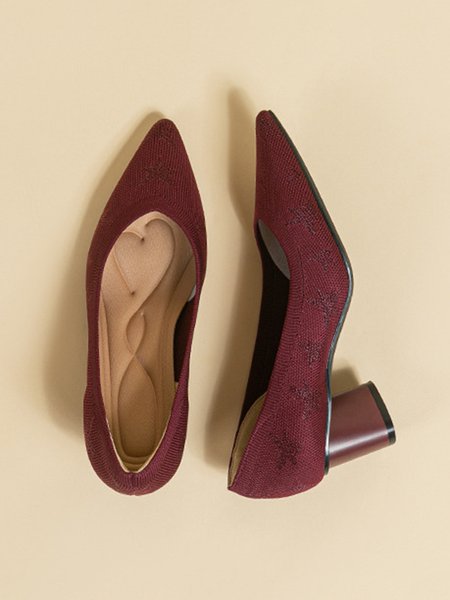 

Breathable Mesh Fabric Block Heel Shallow Pumps, Wine red, Heels