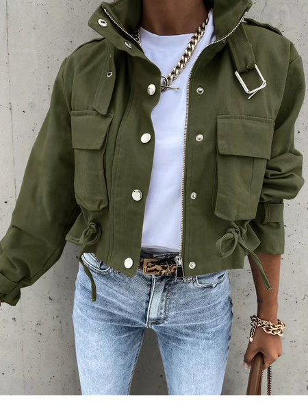 Women's Plain Regular Loose Jacket, Army green, Outerwear