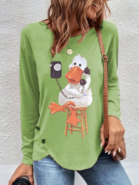 

Casual Animal Crew Neck Long Sleeve T-shirt, Green, T-shirts