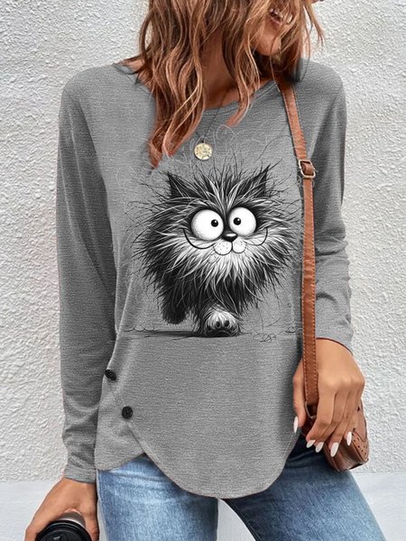 

Casual Cat Crew Neck Long Sleeve T-shirt, Gray, T-shirts