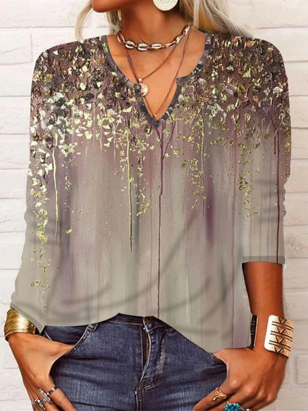 

Casual Random Print Notched Long Sleeve T-shirt, As picture, T-shirts