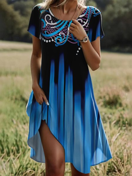 

Women Ombre Crew Neck Short Sleeve Comfy Casual Midi Dress, Blue, Midi