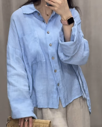 

Cotton And Linen Casual Shawl Collar Shirt, Blue, Blouses & Shirts