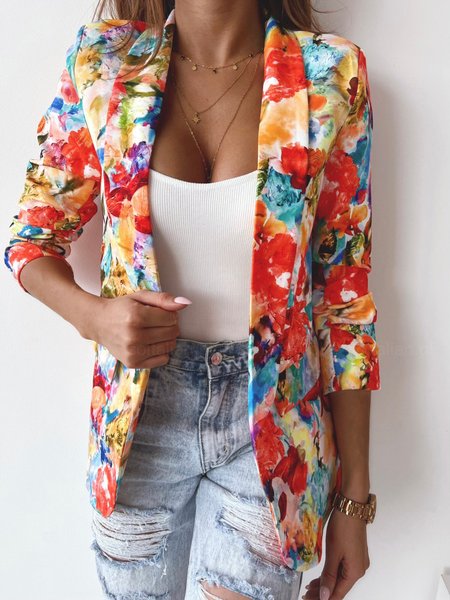 

Women's Spring/Fall Outerwear Casual Floral Long Sleeve Shawl Collar Regular Blazer, Orange, Blazers