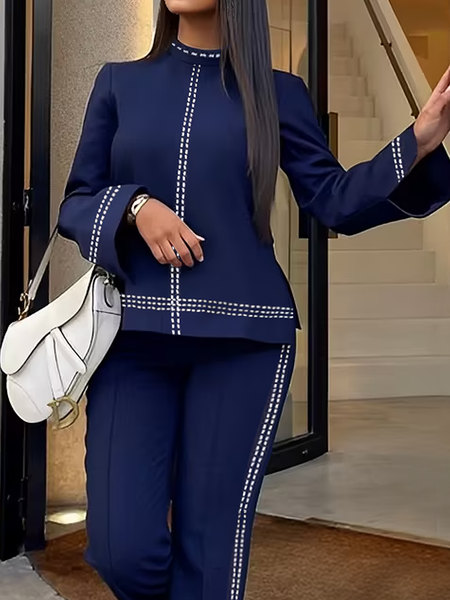 

Micro-Elasticity Color Block Regular Sleeve Long Sleeve Urban Blouse, Navyblue, Blouses and Shirts