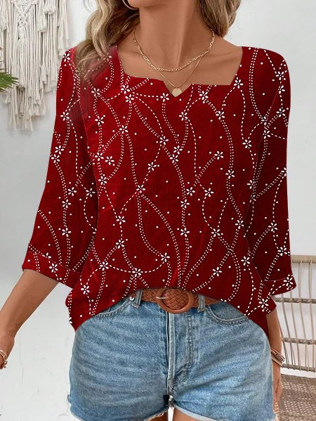 

Women's Three Quarter Sleeve Blouse Spring/Fall Geometric Notched Daily Going Out Casual Top Wine Red, Blouses