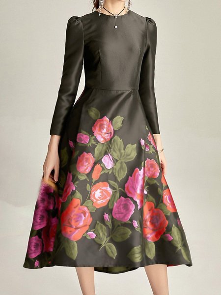 

Regular Fit Floral Crew Neck Regular Sleeve Elegant Dress, Black, Midi Dresses