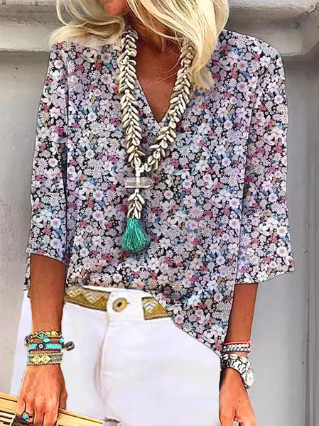 

V Neck Long Sleeve Floral Chain Regular Regular Fit Blouse For Women, Multicolor, Blouses