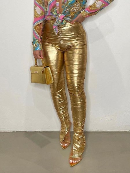

Urban Tight Plain Faux Leather Pants, Golden, Pants