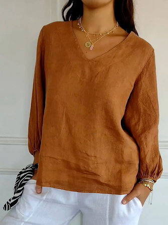 

V Neck Casual Loose Shirt, Orange, Blouses & Shirts