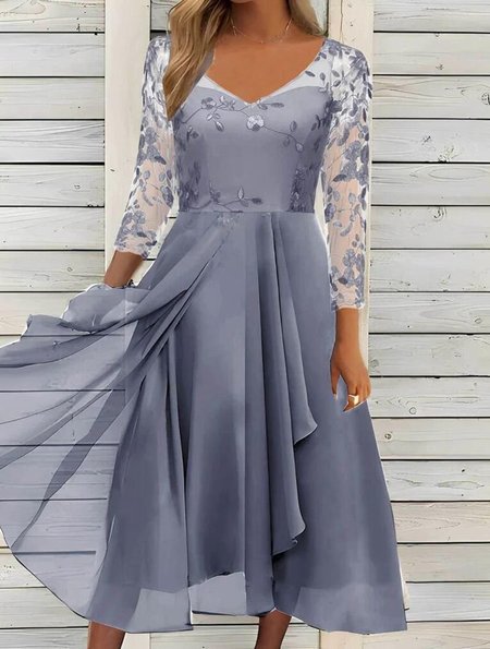

Women's Long Sleeve Spring/Fall Plaid Lace Dress V Neck Daily Going Out Casual Maxi X-Line, Blue, Dresses