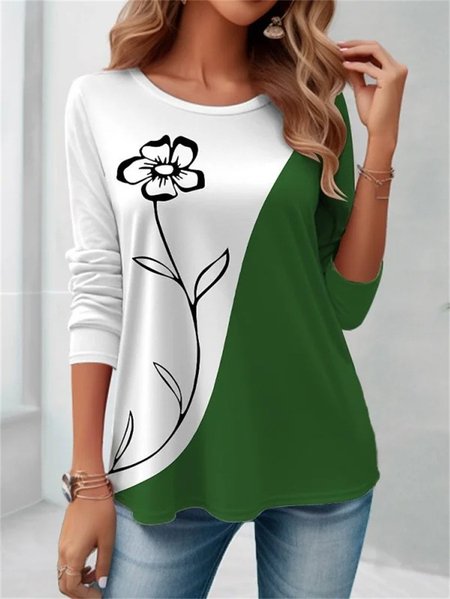 

Casual Floral Crew Neck Long Sleeve T-shirt, Green, T-shirts